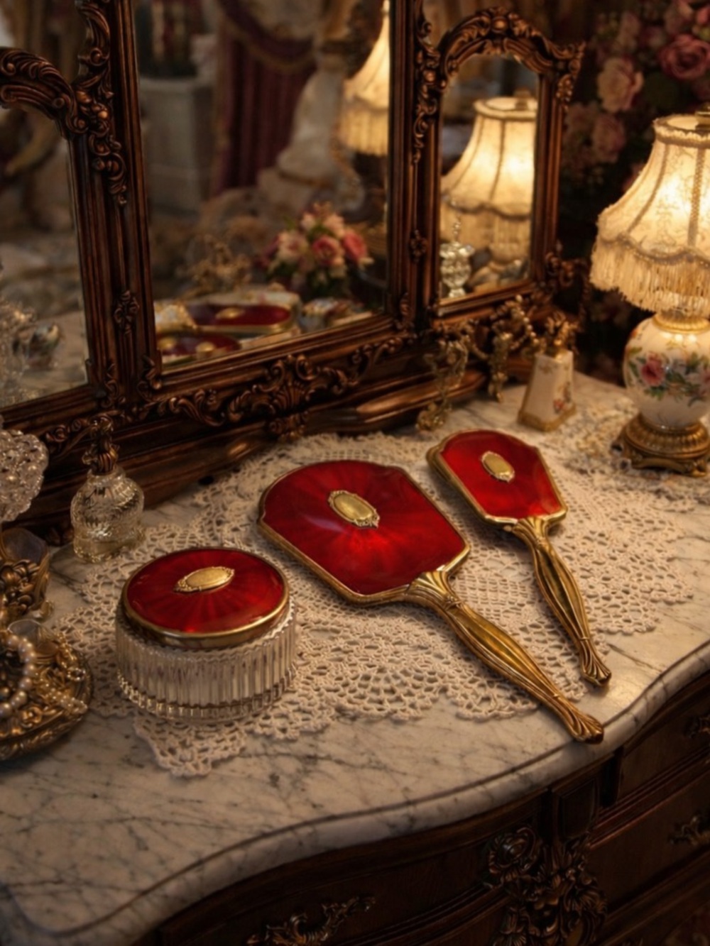 Vintage Red Victorian Vanity Set